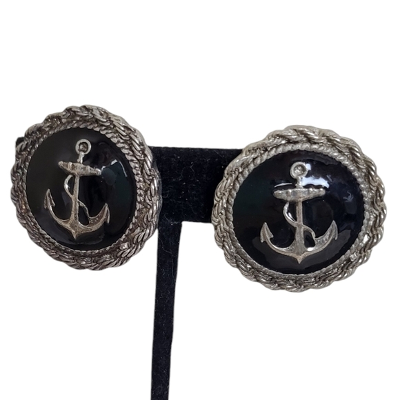 Captain's Anchor Black Enamel Clip Earrings - Picture 3 of 4